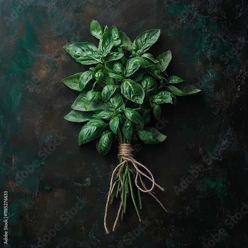 Fresh basil bunch tied with twine on dark background. (1) photo