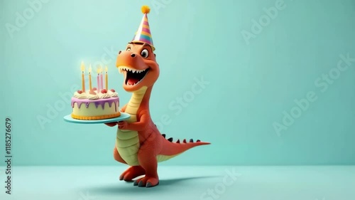 Playful dinosaur holding a birthday cake against a pastel background, perfect for celebrations. photo