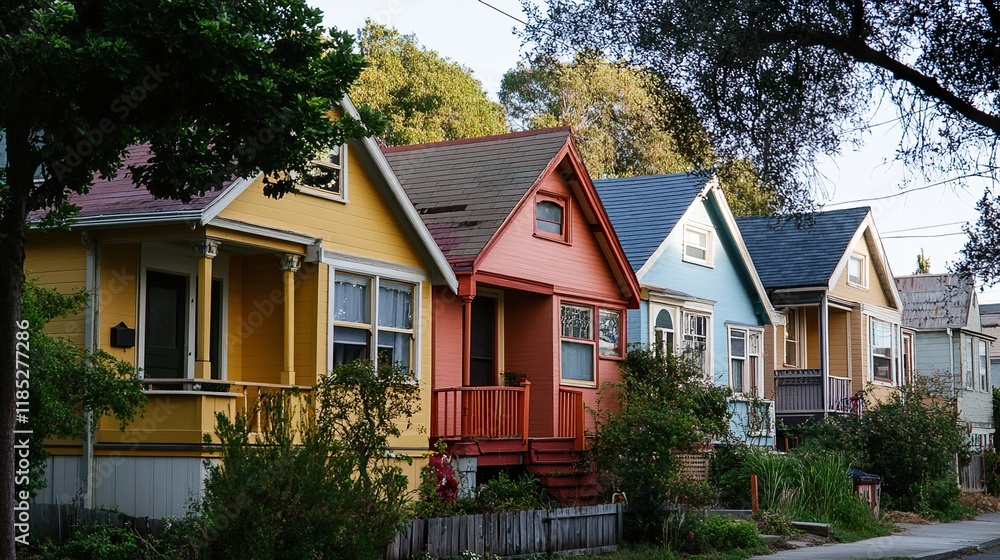 Naklejka premium Colorful Houses on a Sunny Street: Charming Neighborhood Architecture