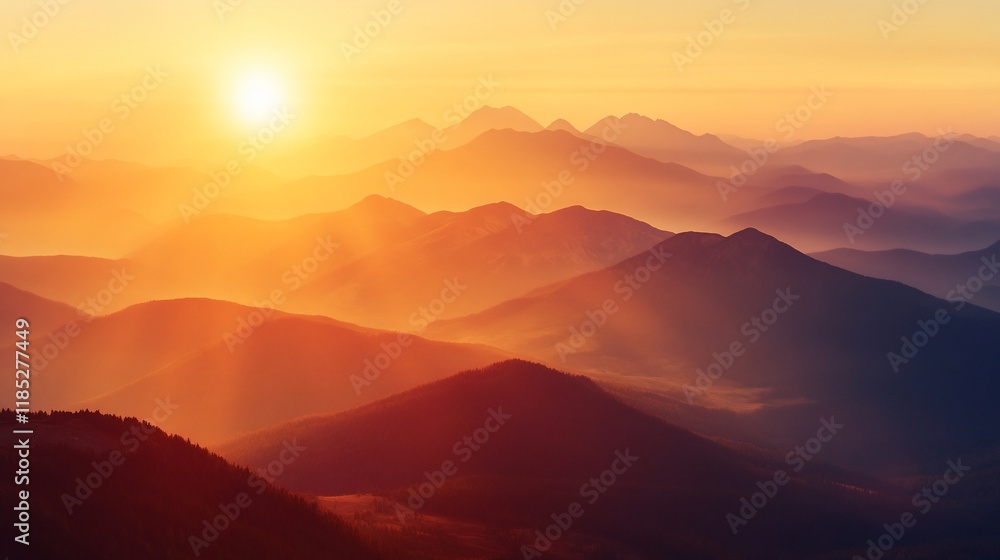 A serene sunrise over layered mountains, casting warm hues across the landscape. A serene sunrise over layered mountains, casting warm hues across the landscape.
