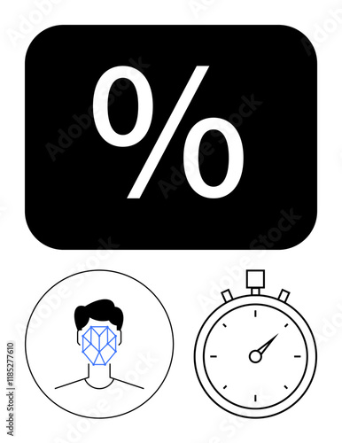 Percentage sign in bold black, face scan in blue, and stopwatch outline. Ideal for data analysis, performance metrics, time management, tech innovation, recognition systems, digital tracking