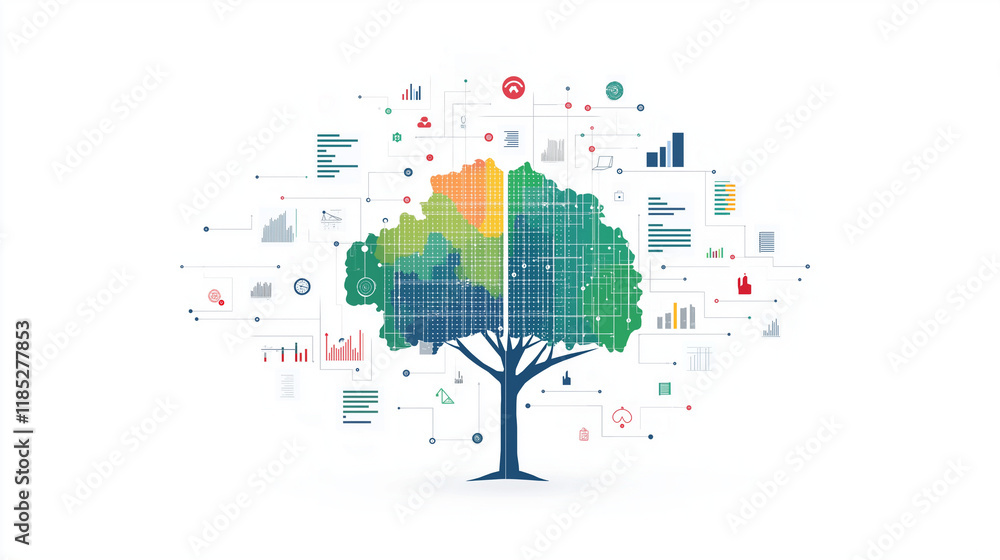 Fototapeta premium Data Growth and Innovation: A stylized tree with vibrant leaves and a network of data points, representing the growth, evolution, and interconnectedness of information. 