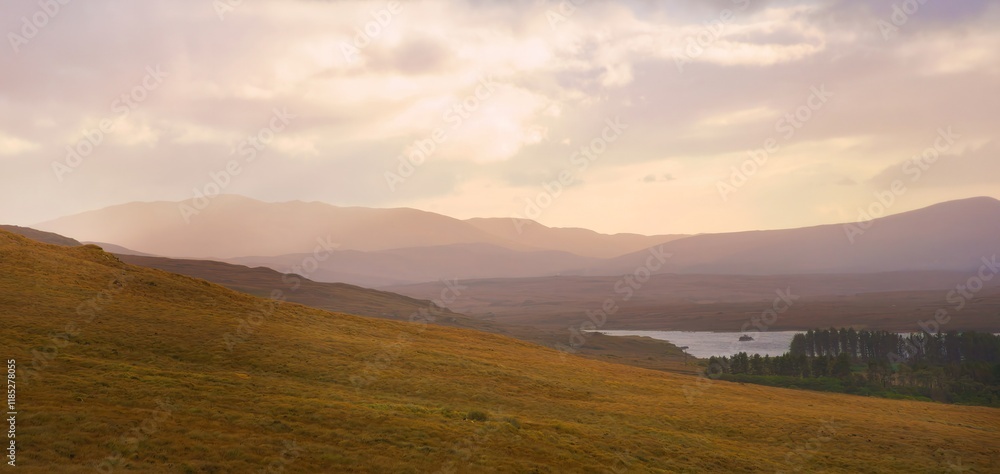 Glenveagh National Park in Donegal Ireland -Spectacular aerial view showcasing lush green valleys and rolling hills beneath a colorful and vibrant sky Glenveagh National Park in Donegal Ireland -Spectacular aerial view showcasing lush green valleys and rolling hills beneath a colorful and vibrant sky
