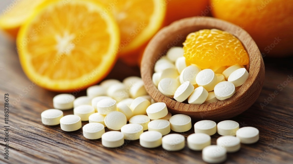 Close-up of Vitamin C Tablets and Fresh Oranges Close-up of Vitamin C Tablets and Fresh Oranges