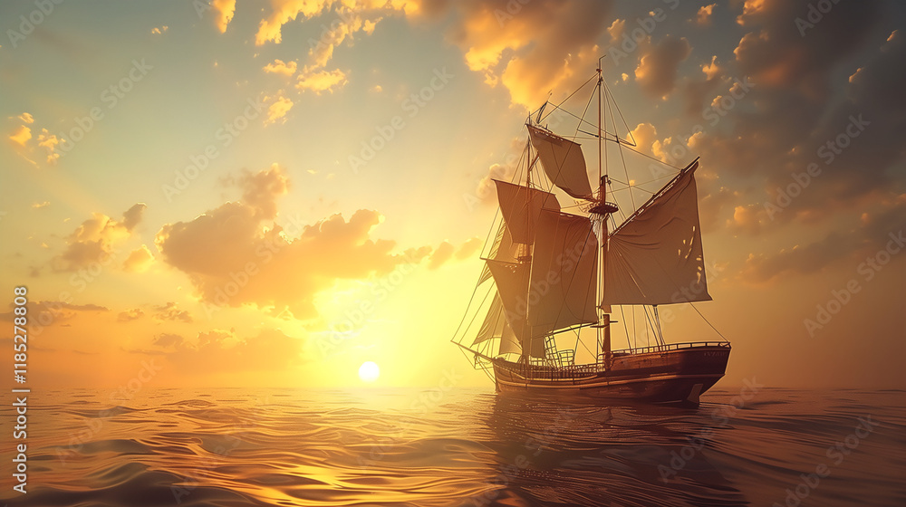 Obraz premium Majestic Sailing Ship at Sunset with Sunlit Clouds Over Ocean Horizons - Perfect for Travel Inspiration and Nautical Themes