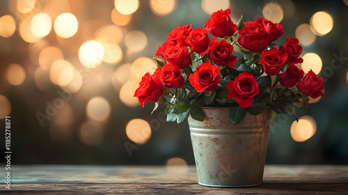 Romantic red roses, bokeh, wooden table, gift photo