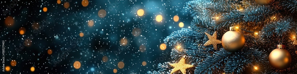 Christmas Tree Decoration with Snowfall Evening Background for Winter Holiday Celebration Christmas Tree Decoration with Snowfall Evening Background for Winter Holiday Celebration