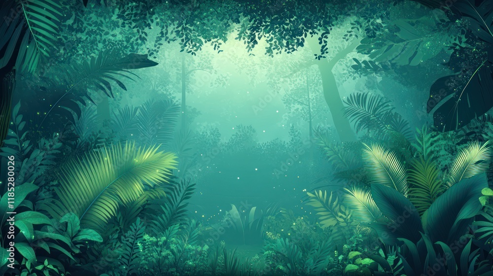 Obraz premium Lush green jungle scene with fog and fireflies.