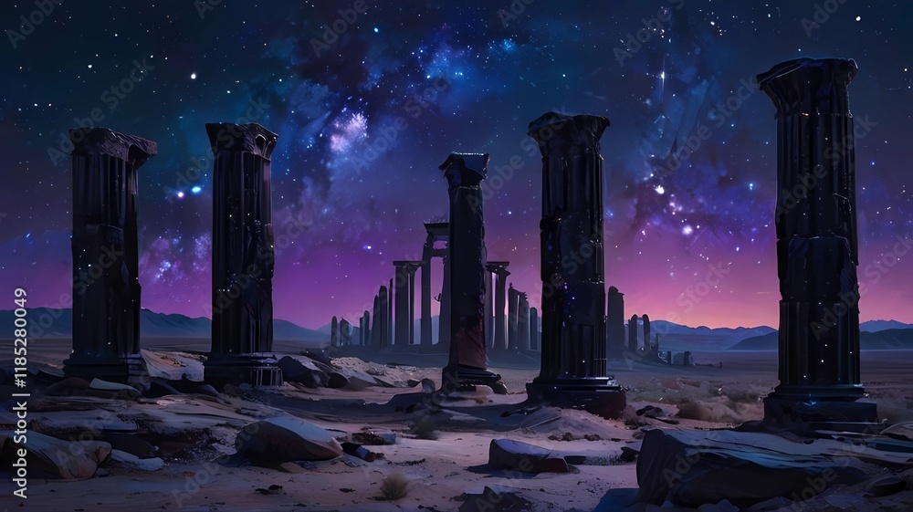 Naklejka premium ゲーム背景 異世界惑星に残る古代文明の遺跡廃墟と砂漠荒野風景