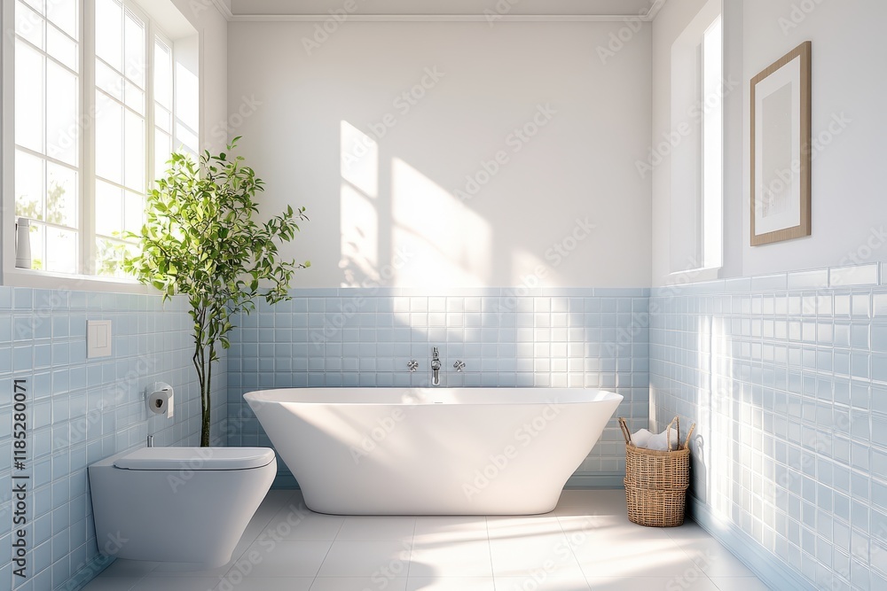 Serene bathroom with freestanding bath and light blue tile accents Serene bathroom with freestanding bath and light blue tile accents