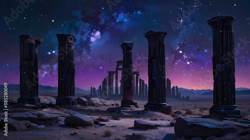 ゲーム背景　異世界惑星に残る古代文明の遺跡廃墟と砂漠荒野風景 photo