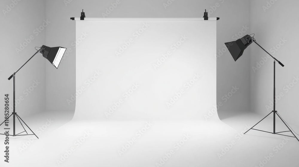 Clean White Photography Studio Backdrop with Lighting Equipment Clean White Photography Studio Backdrop with Lighting Equipment