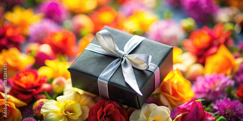 Fototapeta premium Long Exposure Photography: Teacher's Day Gift, Black Box, Silver Ribbon, Floral Background