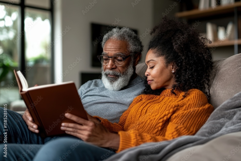 Elderly african couple reading together in cozy living room Elderly african couple reading together in cozy living room