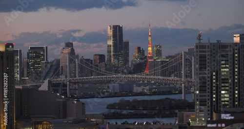 高層ビルが立ち並ぶ東京の夕景。