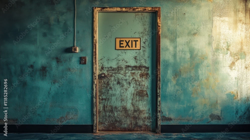 Rusty Exit Door in Abandoned Building - Eerie Atmosphere Rusty Exit Door in Abandoned Building - Eerie Atmosphere