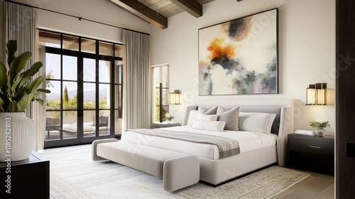 Wallpaper Mural modern luxury bedroom, large sliding glass doors, natural light, minimalist interior design, beige tones, wooden ceiling beams, abstract wall art, pendant lights, potted plants, cozy bedding, zen atmo Torontodigital.ca