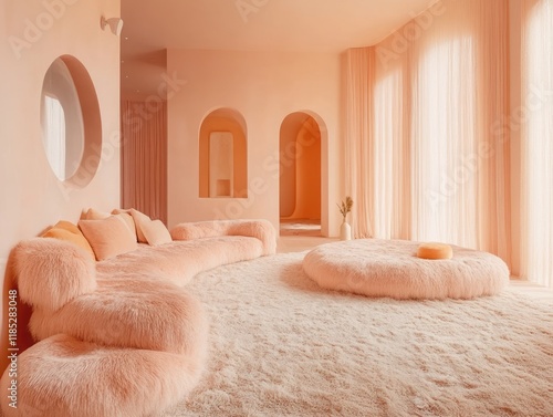 Peach colored living room w...