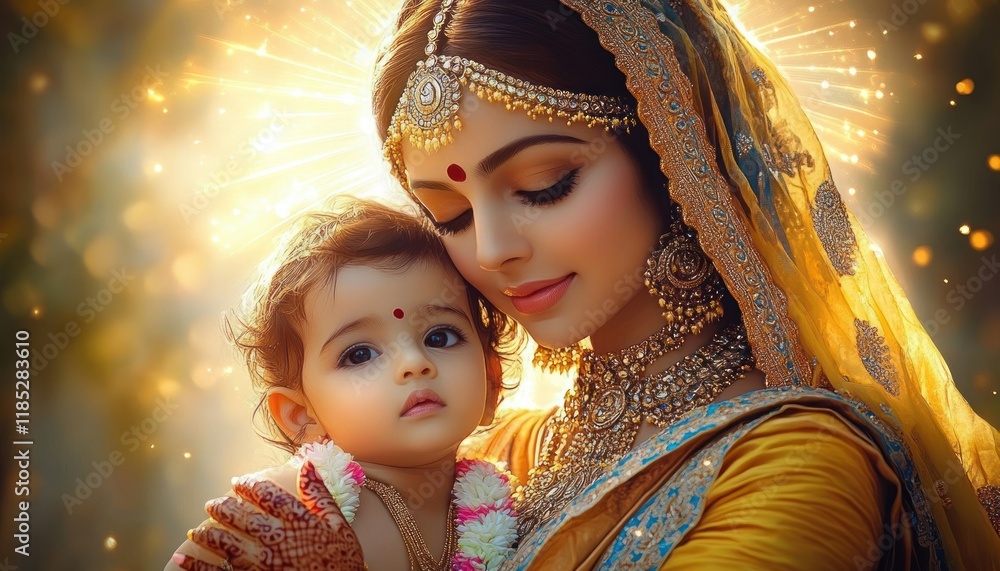 Mother and Child in Classical Indian Art with Vibrant Colors and Halo Effect Mother and Child in Classical Indian Art with Vibrant Colors and Halo Effect