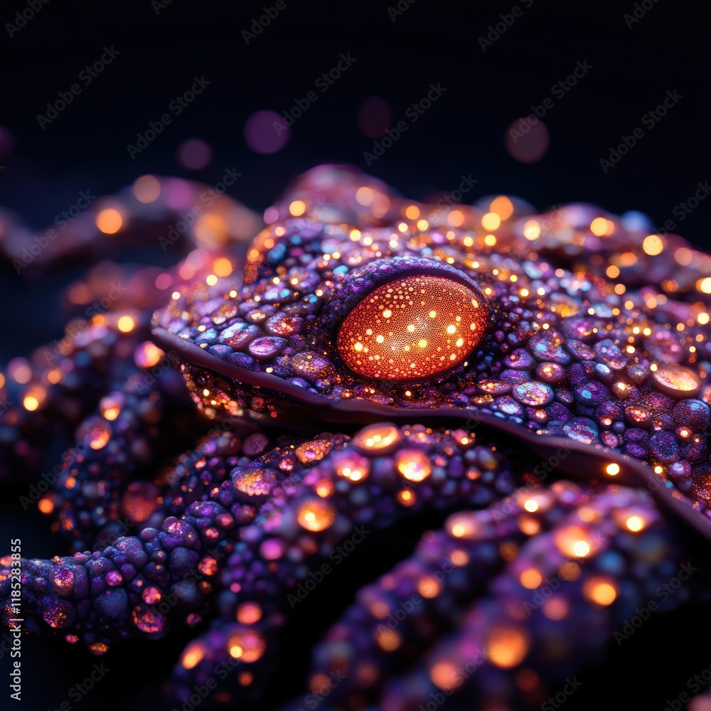 Fototapeta premium Glowing bioluminescent octopus with iridescent texture in dark ocean setting