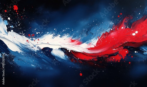 Dynamic abstract painting with red white blue splashes on navy background expressionist style