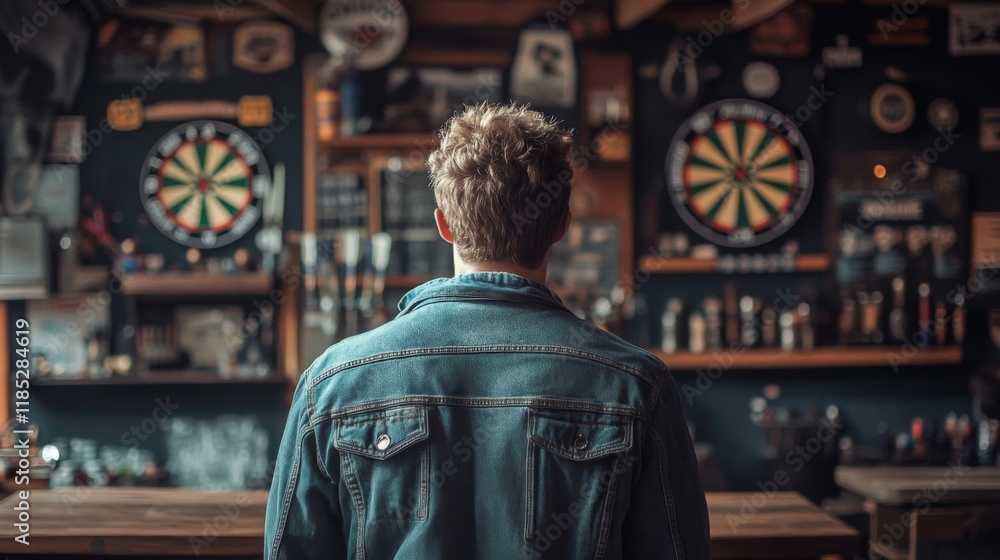 Man in denim jacket stands facing dartboards in a rustic bar Man in denim jacket stands facing dartboards in a rustic bar
