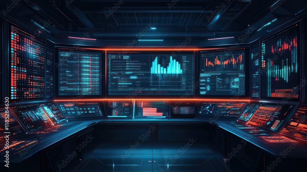 Futuristic control room with multiple screens displaying data and graphs. Futuristic control room with multiple screens displaying data and graphs.