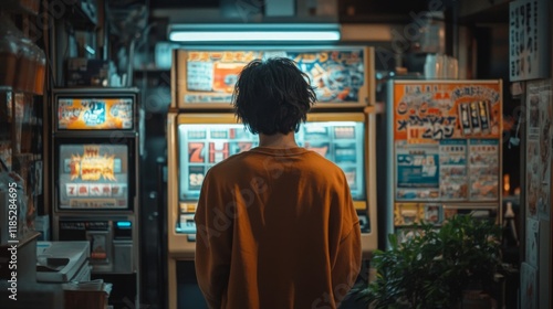 Person looking at vibrant arcade game machines at night in a city photo