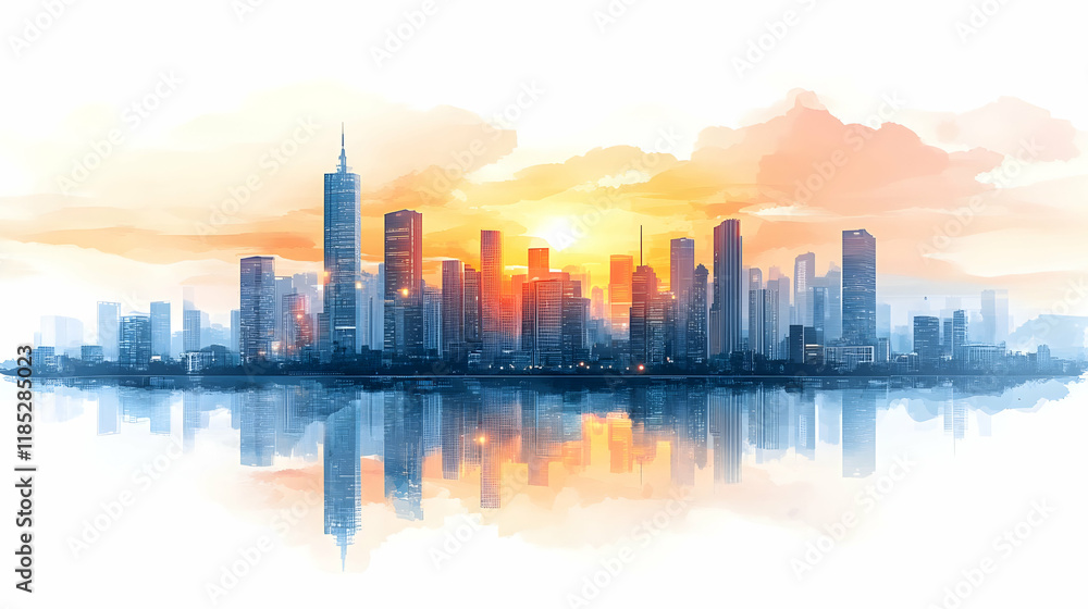 Obraz premium Sunrise Cityscape Reflection, Urban Skyline, Water
