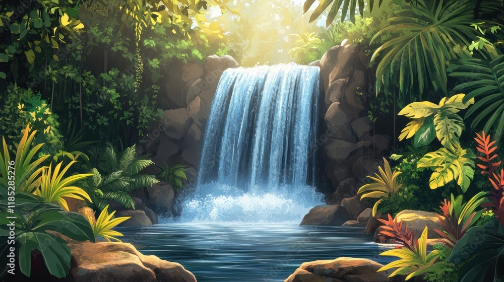 Lush jungle waterfall cascading into a serene pool. Lush jungle waterfall cascading into a serene pool.