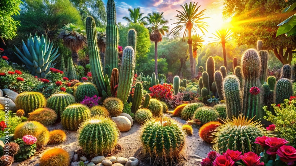 Lush Tropical Botanical Garden Cactus Landscape - Vibrant Desert Plants in Paradise Lush Tropical Botanical Garden Cactus Landscape - Vibrant Desert Plants in Paradise