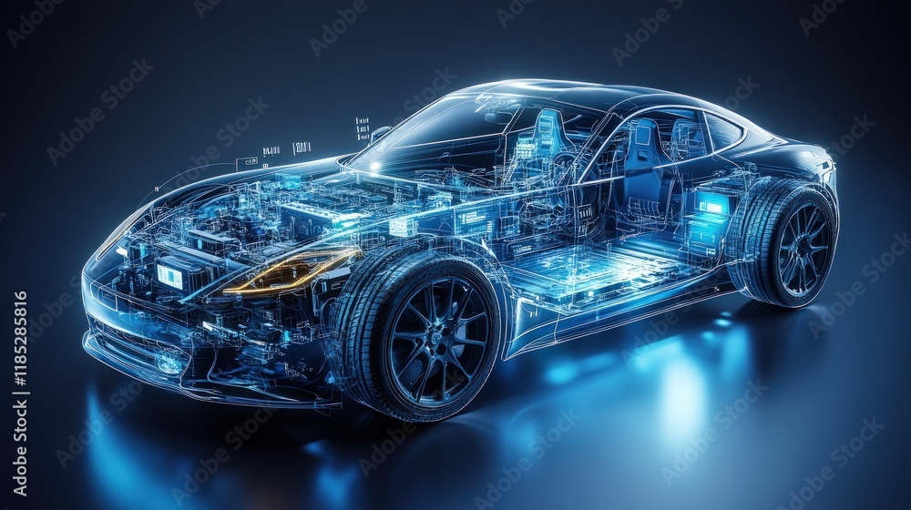 Transparent view of a sports car's internal components, showcasing its engine, chassis, and other mechanical parts. Transparent view of a sports car's internal components, showcasing its engine, chassis, and other mechanical parts.