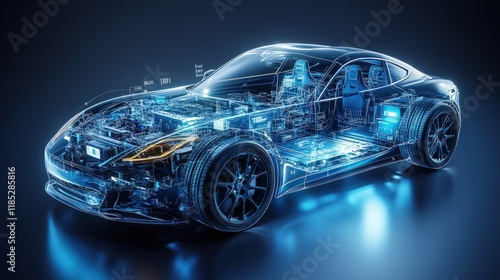 Transparent view of a sports car's internal components, showcasing its engine, chassis, and other mechanical parts.