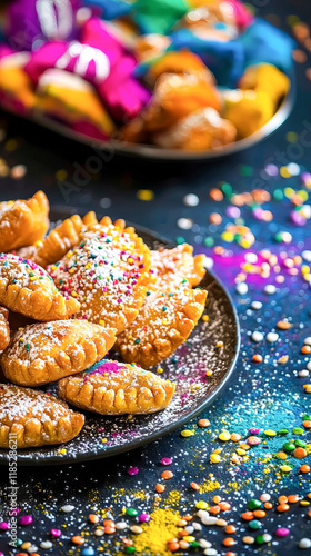 Delicious Indian Sweets on Vibrant Holi Festival Table Arrangement. Concept of Festive Celebrations, Colorful Traditions photo