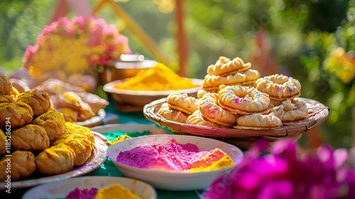 Colorful Festive Table Setting with Traditional Indian Sweets and Holi Powders. Concept of Cultural Celebration, Outdoor Dining photo