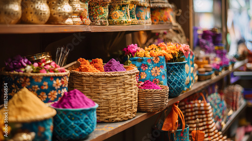 Colorful Powders and Flowers in Woven Baskets at Indian Holi Festival Market. Concept of Cultural Celebration, Festive Traditions photo