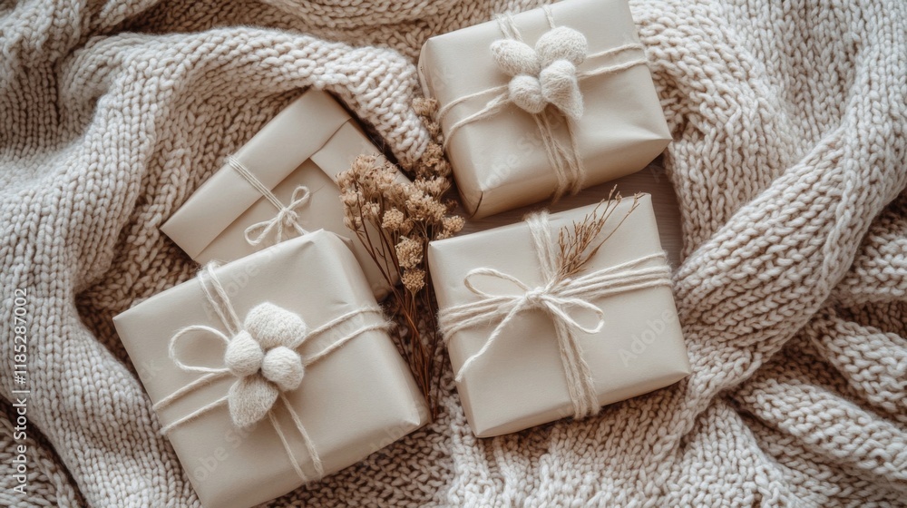 Cozy Wrapped Gifts on Knitted Blanket Cozy Wrapped Gifts on Knitted Blanket