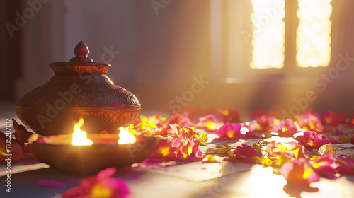 Traditional Indian Home Interior Celebrating Holi Festival with Petals and Candlelight. Concept of cultural festivity, serene ambiance. Copy space photo