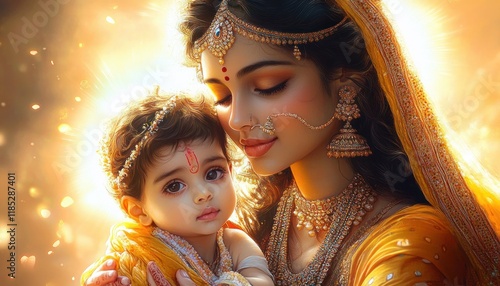 Mother and Child in Classical Indian Art, Yashoda Maa and Bal Krishna, Serene, Vibrant Colors photo