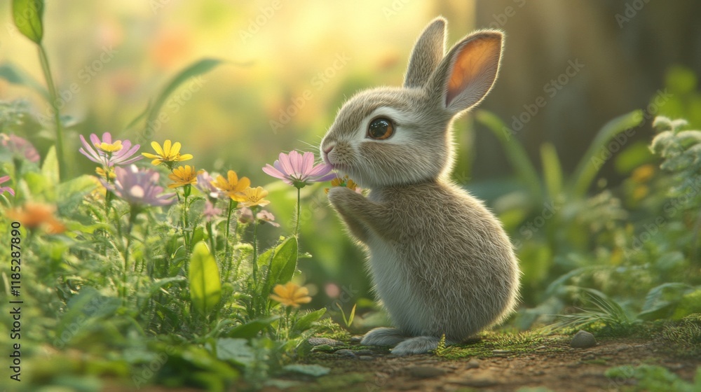 Fototapeta premium Adorable Fluffy Bunny Sniffing Flowers in a Sunny Meadow