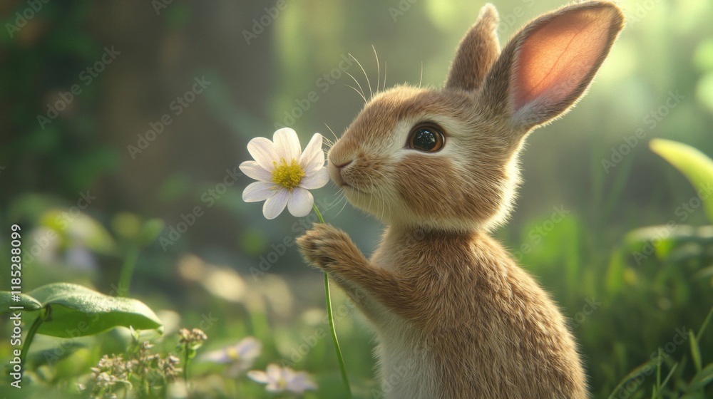 Fototapeta premium Adorable Fluffy Bunny Sniffing a Wildflower in a Sunny Meadow
