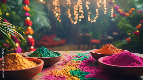 Vibrant Holi Festival Celebration with Colorful Powder in a Modern Cafe Setting. Concept of Cultural Festivity and Vibrancy photo