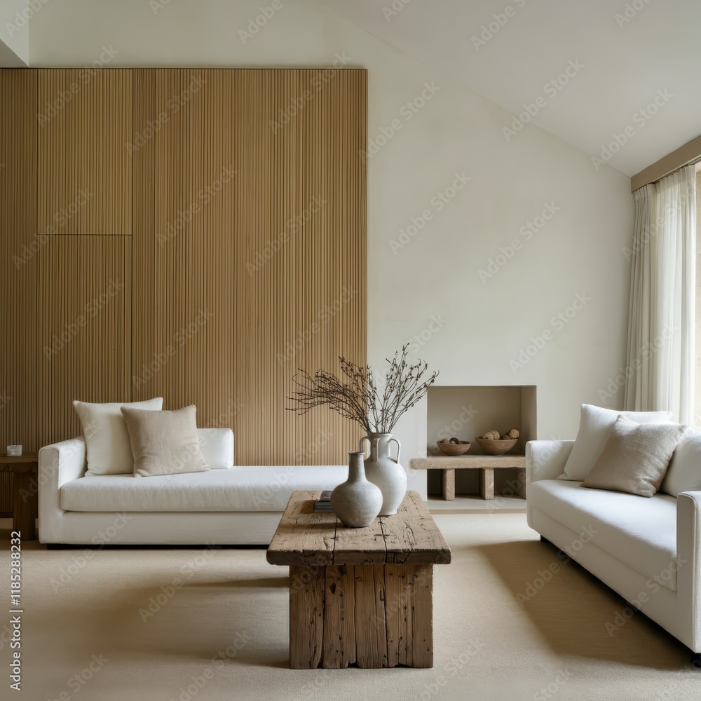Modern minimalist living room, large windows, natural light, wooden wall panels, concrete accent wall, neutral color palette, white sofa, wooden armchairs, round coffee table, beige rug, ceramic vases Modern minimalist living room, large windows, natural light, wooden wall panels, concrete accent wall, neutral color palette, white sofa, wooden armchairs, round coffee table, beige rug, ceramic vases