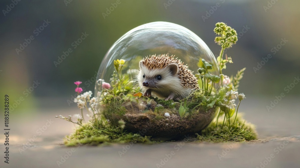 Obraz premium Adorable Hedgehog in a Miniature Glass Garden