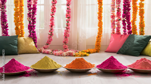 Vibrant Indian Holi Festival Decor in Modern Living Room with Colorful Garlands and Powder. Concept of Cultural Celebration, Traditional Festivities photo