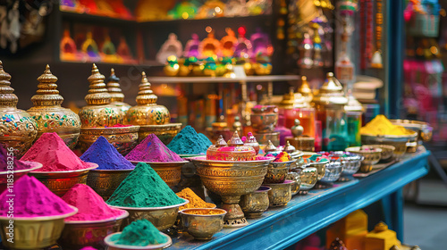 Colorful Display of Holi Powder in Golden Bowls at Indian Festival Market. Concept of Cultural Celebrations, Vibrant Traditions, Festive Atmosphere photo