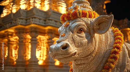 Close-Up of Bull Nandi Statue Adorned with Marigolds during Maha Shivaratri Celebration, Concept of Spiritual Symbolism, Indian Traditions. Copy space photo