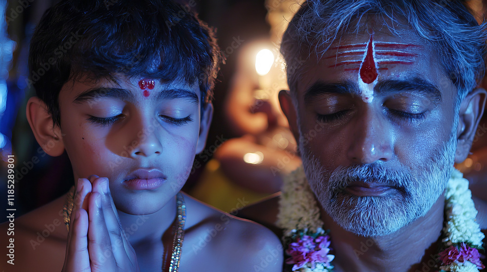 Obraz premium Father and Son with Traditional Markings Observing Maha Shivaratri Ritual. Concept of Spiritual Bond, Religious Observance
