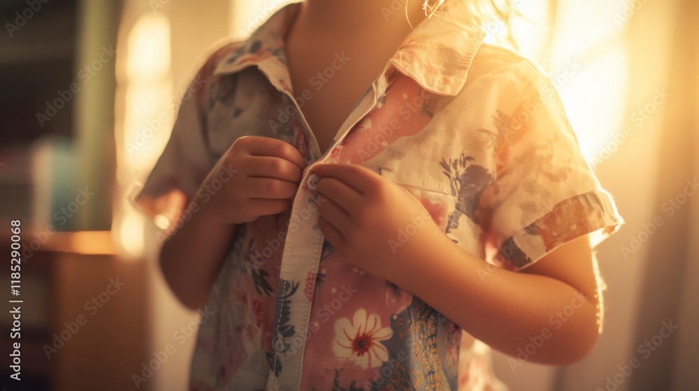 Obraz premium Golden Hour Dressing: A young child's delicate fingers meticulously button up their colorful shirt, bathed in the warm, golden light of the setting sun, creating a tender and intimate moment.