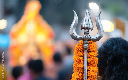 Sacred Trident with Marigold Garland during Maha Shivaratri Celebration. Concept of Hindu Festival, Spiritual Symbolism. Copy space photo